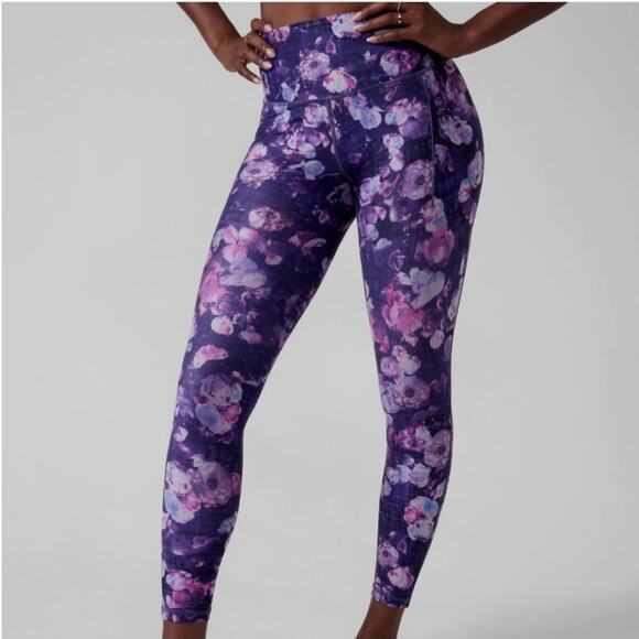 Athleta Salutation Stash Pocket Printed Purple Floral 7/8 Tight Womens Sz M EUC - Picture 1 of 10